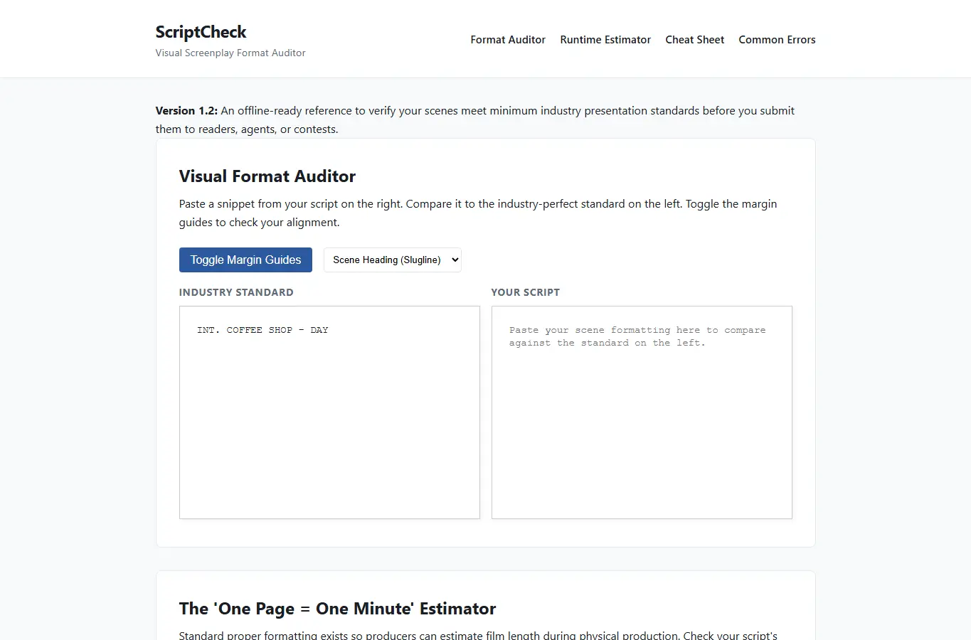 Screenshot of ScriptCheck interface showing the project page in use